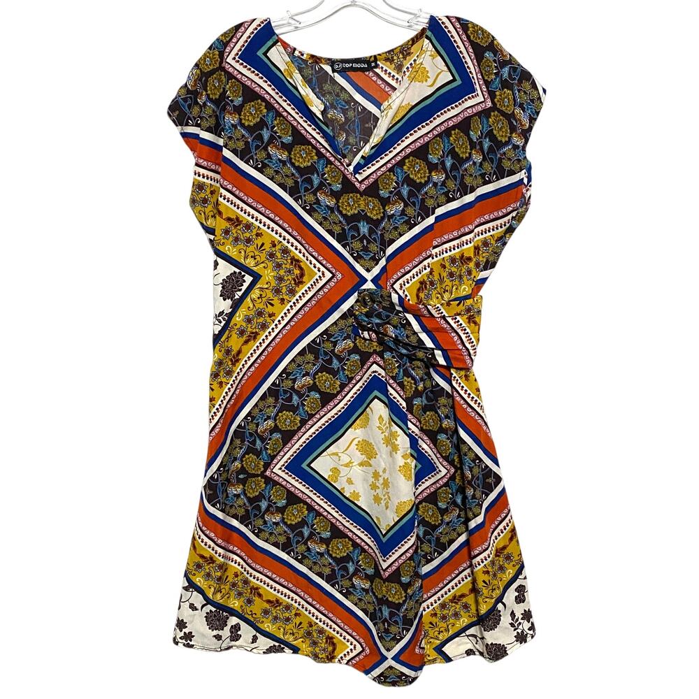 Scarf Print Mini Dress M Baroque Boho Maximalist Retro Resort Multicolor Artsy
